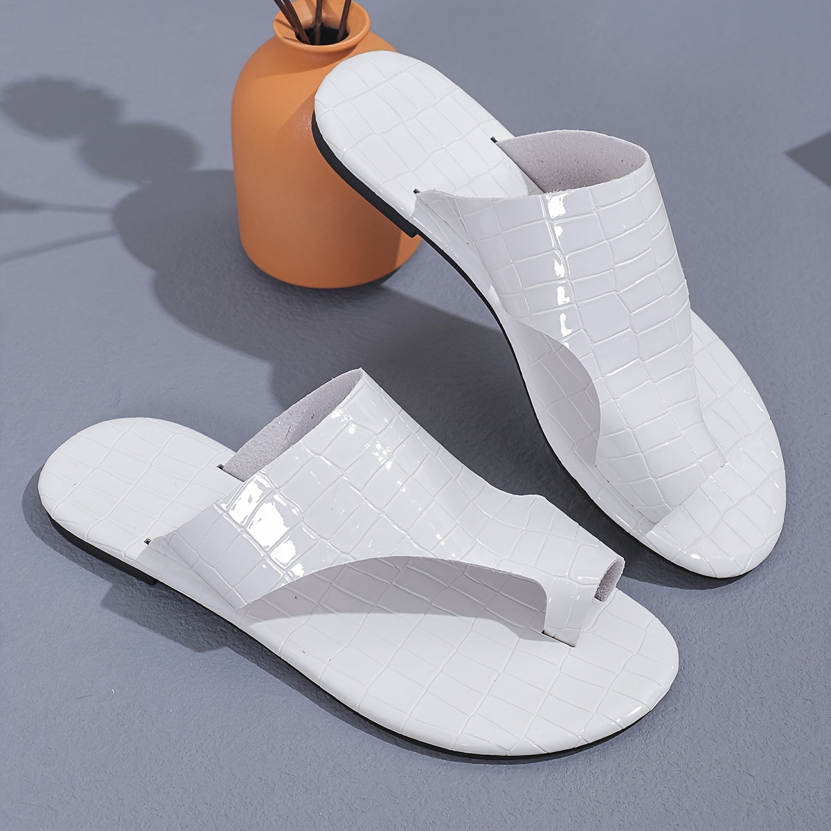 Women's Metallic Slide Sandals, Casual Loop Toe Flat Summer Shoes, Lightweight Slide Sandals