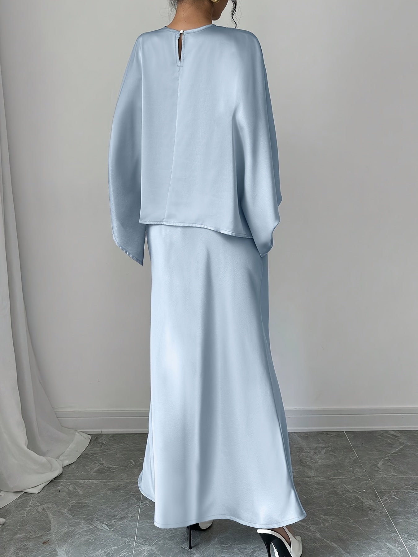 Elegant Light Blue Polyester Skirt Set - Long Sleeve, Round Neck, Flared Leg Design, Machine Washable Women's Fashion Ensemble, Elegant Outfit|Long Sleeve Ensemble|Polyester Fabric