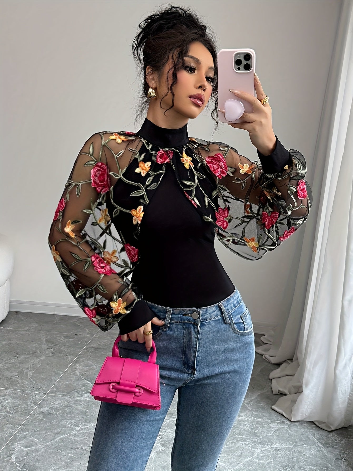 Women's Elegant Rose Embroidered Long Sleeve Blouse with Black & Pink Floral Contrast, Sheer Mesh Panels - Machine Washable Spring/Summer Top for Casual & Formal Wear, Delicate Fabric Top, Floral Print Blouse