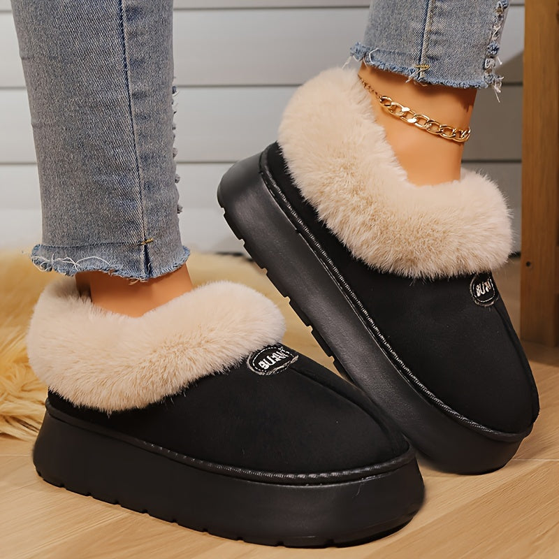 Women'S Preppy Solid Color Slip on Furry Slippers, Soft Warm Plus Fleece House Shoes with Round Toe, EVA Sole, Fabric Upper and Inner Material, Casual All-season Slippers