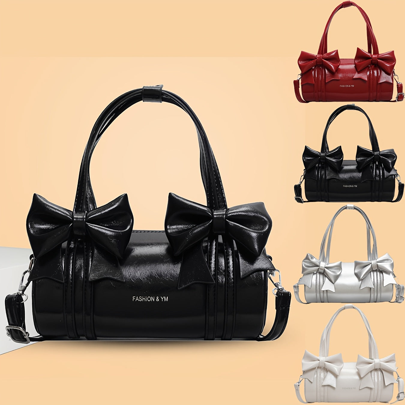 [Chic Appeal] Stylish Black Bow Tie Handbag - Large Capacity Crossbody Bag with Detachable Shoulder Strap, Elegant Glossy Finish & Polyester Lining, Crossbody Purse