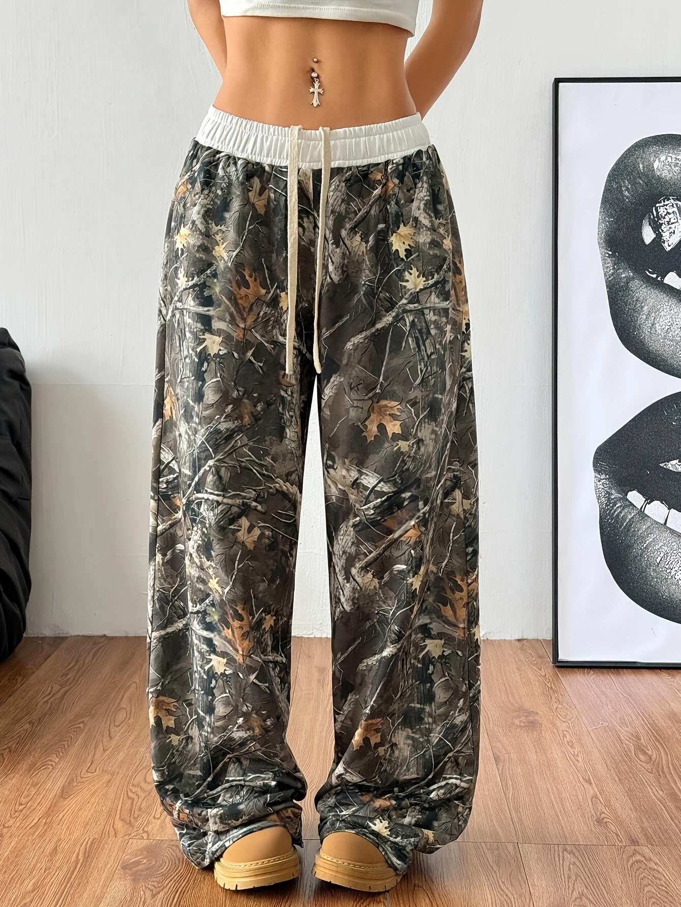 Women's Autumn and Winter Back-to-School Basic Knitted Camouflage Elastic Comfortable Military Green Wide-Leg Sports Pants