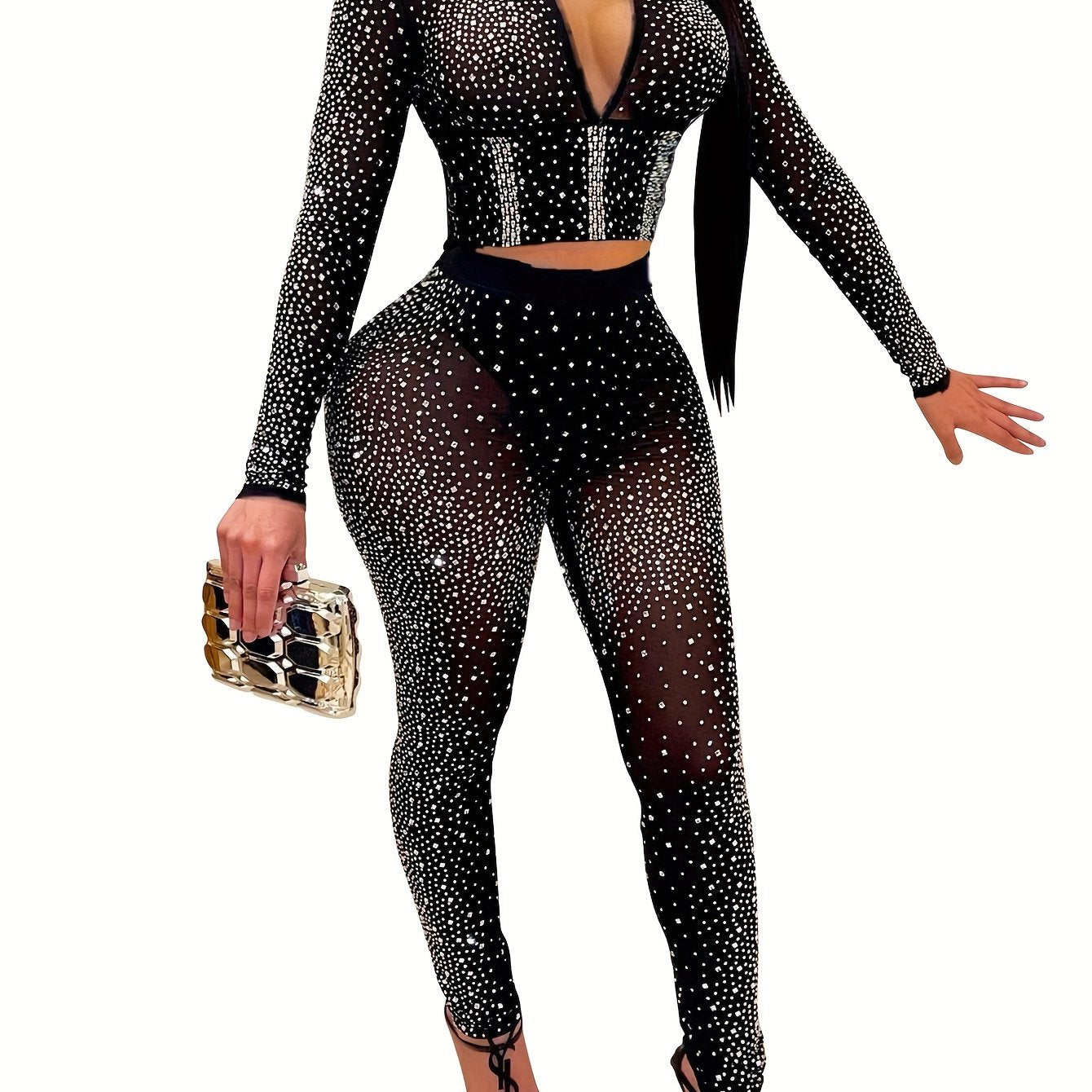 Chic Rhinestone-Embellished V-Neck Long Sleeve Top & Pants Set for Women - Sexy, Semi-Sheer Polyester Blend, Perfect for Spring/Summer, Sexy Style, Spring/Summer