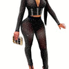 Chic Rhinestone-Embellished V-Neck Long Sleeve Top & Pants Set for Women - Sexy, Semi-Sheer Polyester Blend, Perfect for Spring/Summer, Sexy Style, Spring/Summer