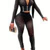 Chic Rhinestone-Embellished V-Neck Long Sleeve Top & Pants Set for Women - Sexy, Semi-Sheer Polyester Blend, Perfect for Spring/Summer, Sexy Style, Spring/Summer