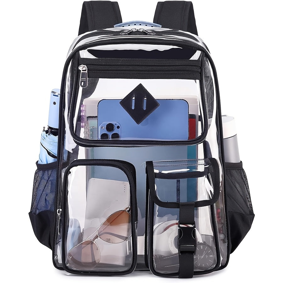 Adjustable Strap Clear Backpack for Women - Heavy Duty PVC Transparent Bookbag, Stadium-Approved, See-Through Design with Multiple Compartments for School and Casual Use