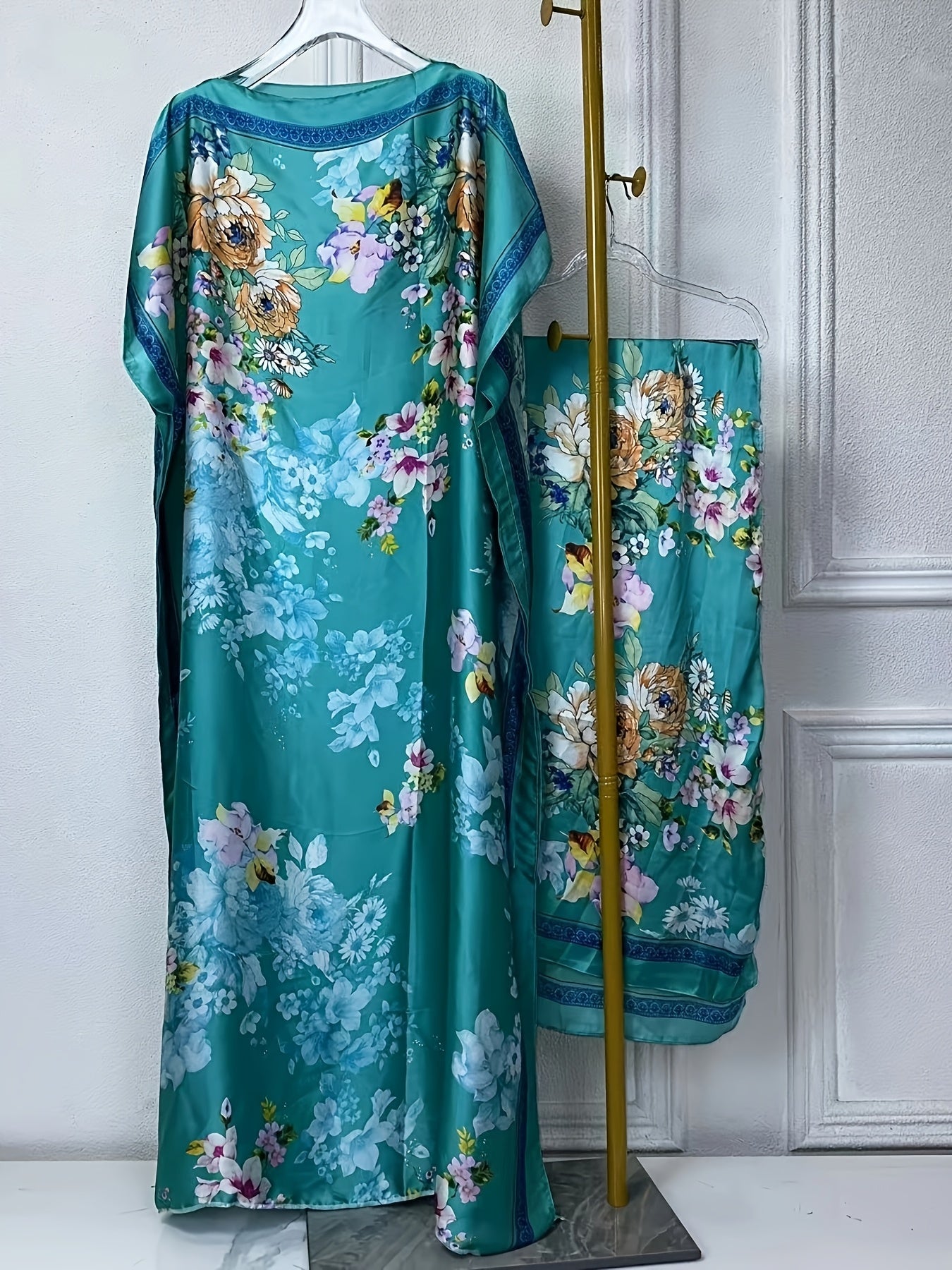 WINYI Women'S Long Kaftan Dress, Polyester 100% Crew Neck Tunic with Belt, Loose Fit All Over Print, Middle Eastern Bohemian African Style, Beach Cover Up, Elegant Evening Abaya for Dubai, Spring/Summer Collection