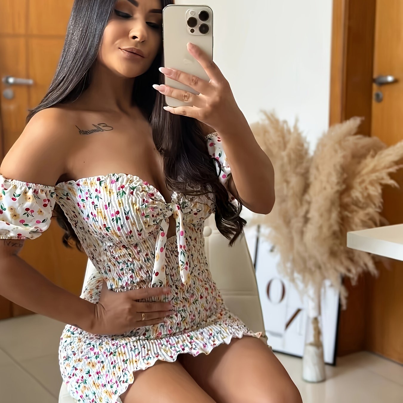 Elegant Off-Shoulder Floral Bodycon Dress - Summer Bohemian Style, Short Sleeve, Polyester, Machine Washable