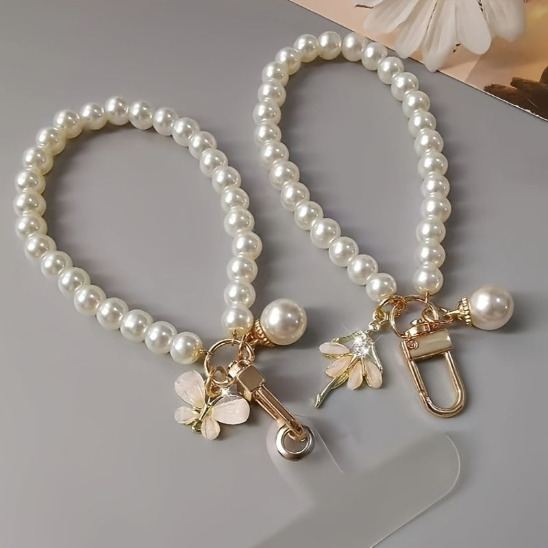 New Fashionable Women's Imitation Pearl Short Mobile Phone Lanyard Wrist Strap, Butterfly Beads Keychain, Mobile Phone Strap, Bag Pendant, Small Gift