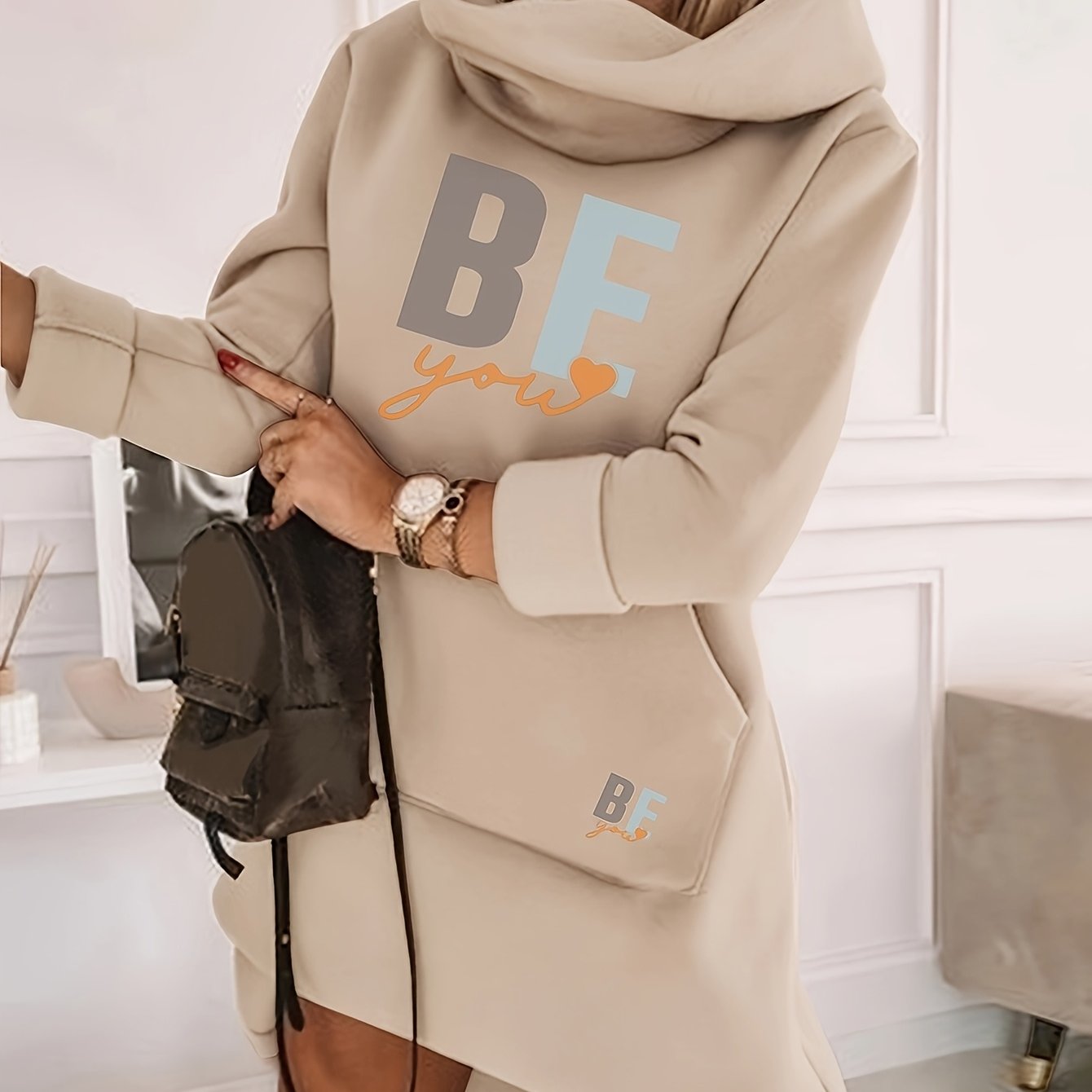Women's Fashion Hooded Tunic Dress, 100% Polyester Knit Fabric, Geometric Pattern, Applique Detail, for Spring/Summer/Fall