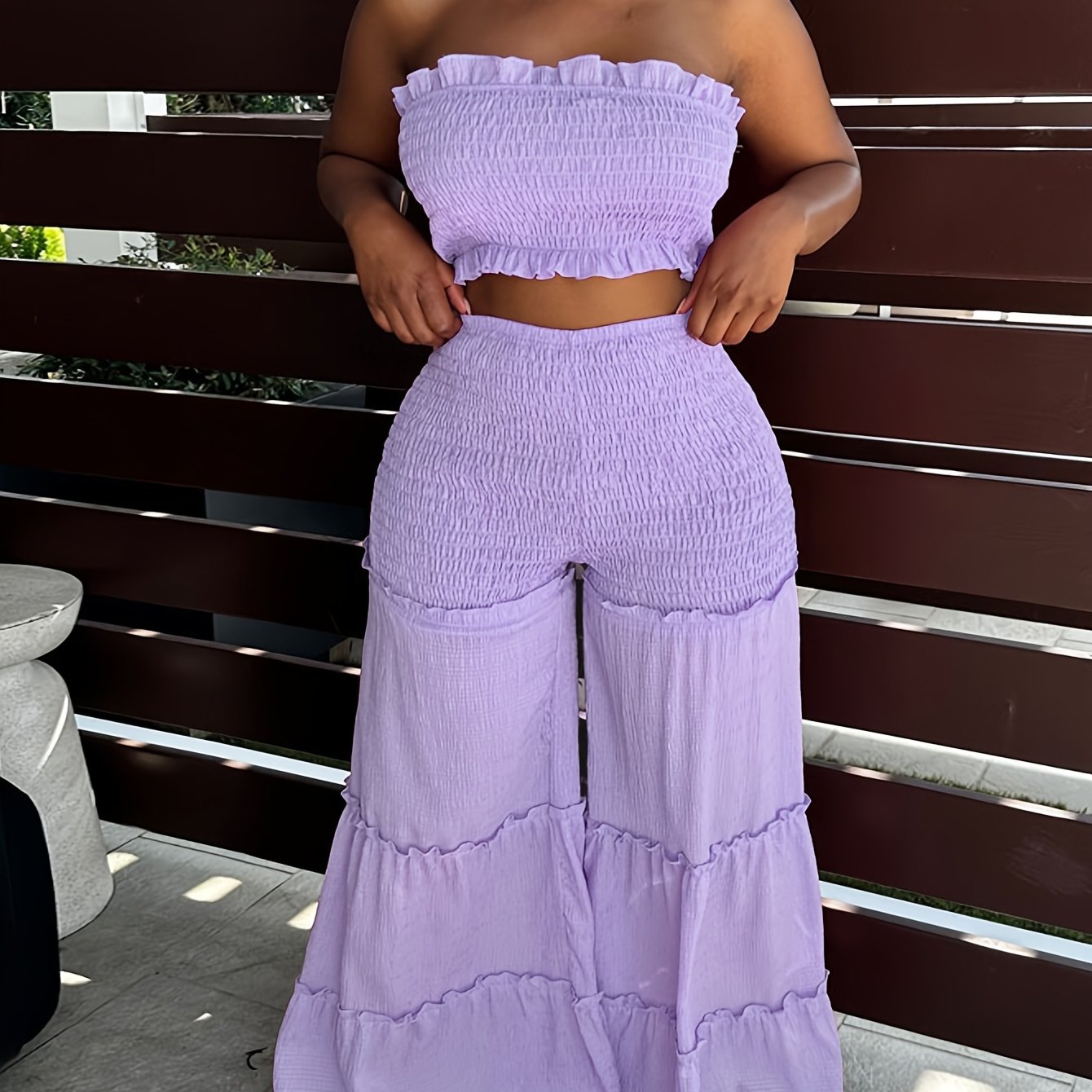 Elegant V-Neck High-Waist Wide Leg Two-Piece Set with Ruched Detail - Sexy Corset & Strapless Top, Polyester Blend, Perfect for Spring/Summer, Chic Outfit|Vneck Top|Polyester Blend
