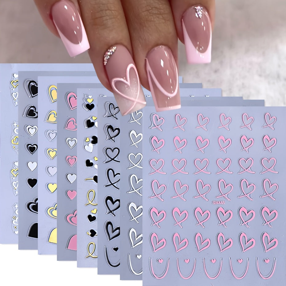 8pcs Rectangle Self-adhesive Glossy Plastic Nail Stickers, Pink Black White, Heart Pattern, Valentine Design, Golden Geometry Wave Lines Stripe Stars, Fantasy Theme, with Glitter, for Manicure Decoration