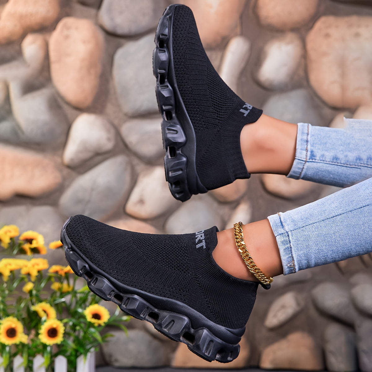 Women'S Fashion Sneakers, Breathable Knitted Fabric Upper, Slip-On Low Top Sports Shoes, Solid Color, EVA Sole, All-Season Casual Athletic Footwear
