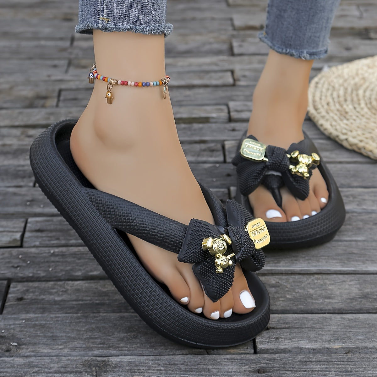 Women'S Summer Casual Flip Flops, Cute Cartoon Bear Bow Design, Thick Sole Non-Slip Soft Cloud Slides, Beach Vacation Slip-On Slippers, Dorm Home Daily Leisure, Large Size Ladies Shoes, Flat Heel EVA Material