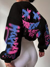 Women's Elegant Graffiti Letter Print Sweatshirt - Black with Pink & Blue Art, Round Neck, Medium Stretch, Machine Washable, Autumn Winter Casual Pullover, Ladies Sweatshirts, Everyday Comfort, Bold Graphic Design, Medium Str