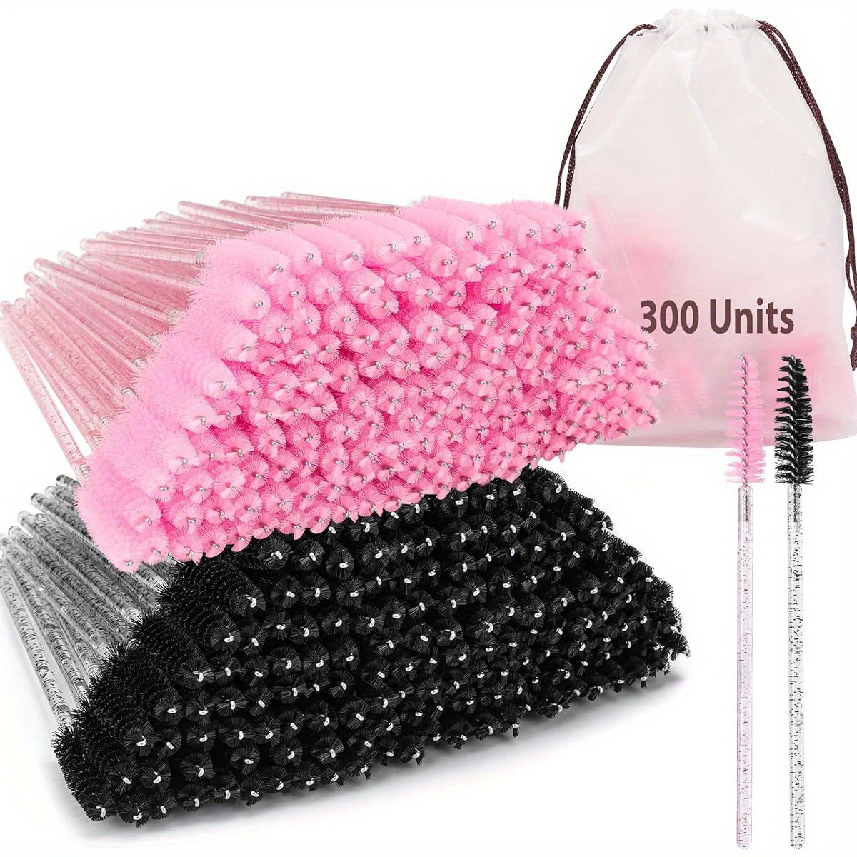 300pcs Disposable Mascara Wands, Crystal Eyelash Brush Eyebrow Spoolies for Eyelash Extensions, Pink & Black Mascara Brush