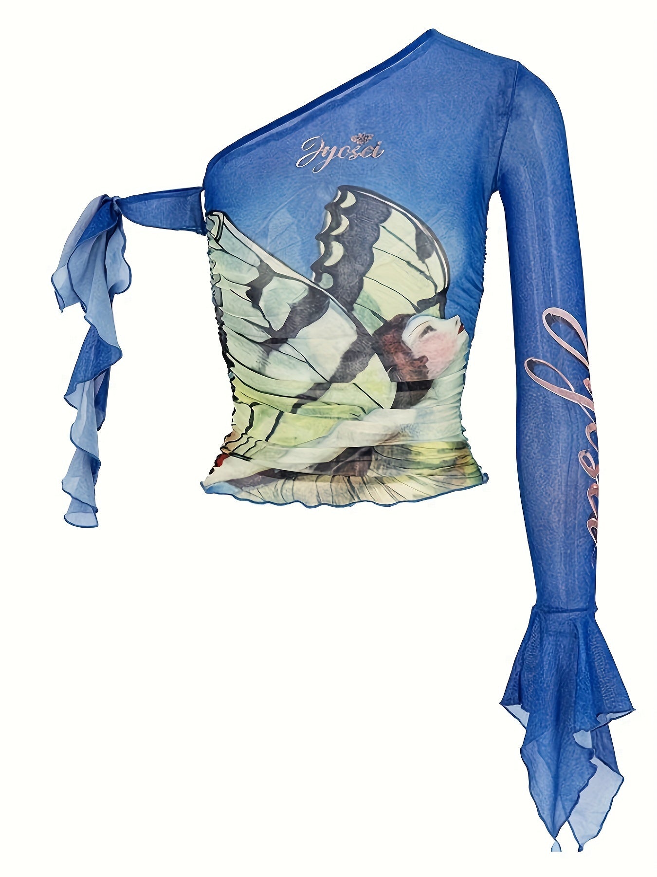 Figure Print Ruffle Trim Asymmetric T-shirt, Y2K Sheer Mesh Long Sleeve Top, Women's Clothing