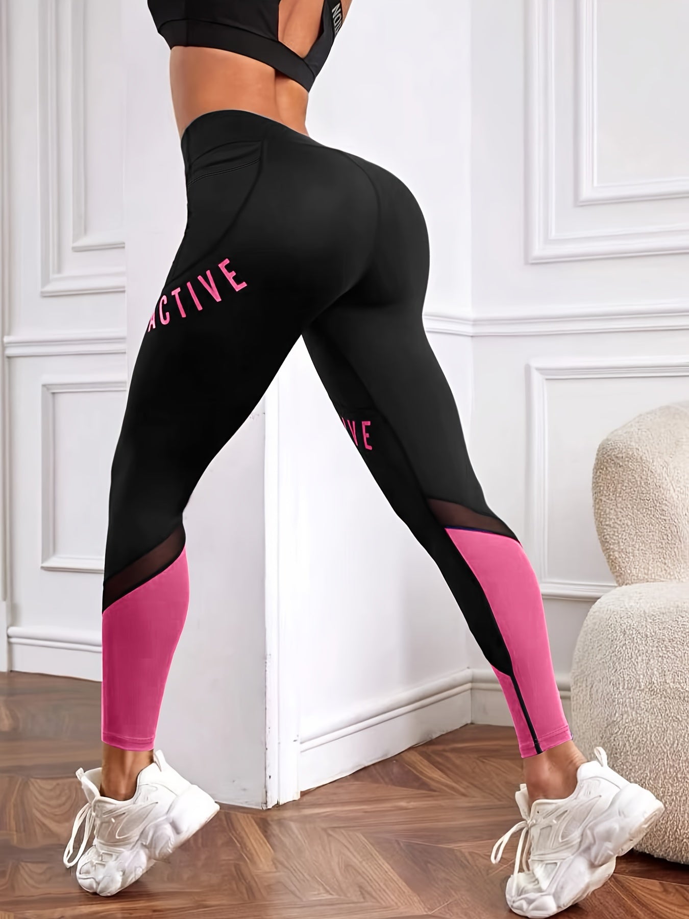 Casual Women'S Color-Blocked Mesh Patchwork Letter Print Pocket Comfortable Elastic Waist Versatile Tight Yoga Leggings.