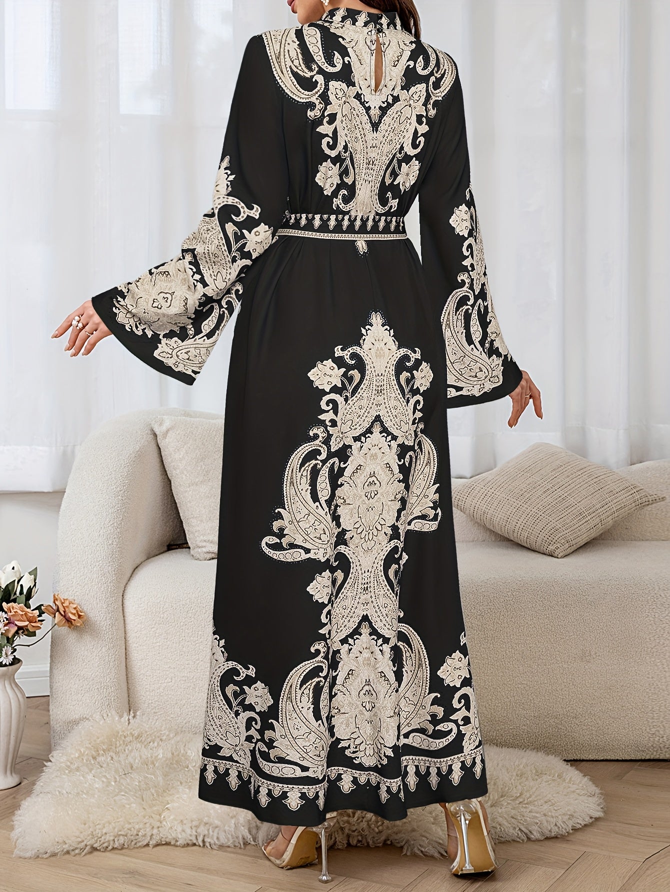 Elegant Floral Print Long Dress with Tie-Waist & Lantern Sleeves - Creamy Beige, Crew Neck, Flowing Maxi Length, Perfect for Spring/Summer/Fall, Women’s Fashion, Cute Dresses