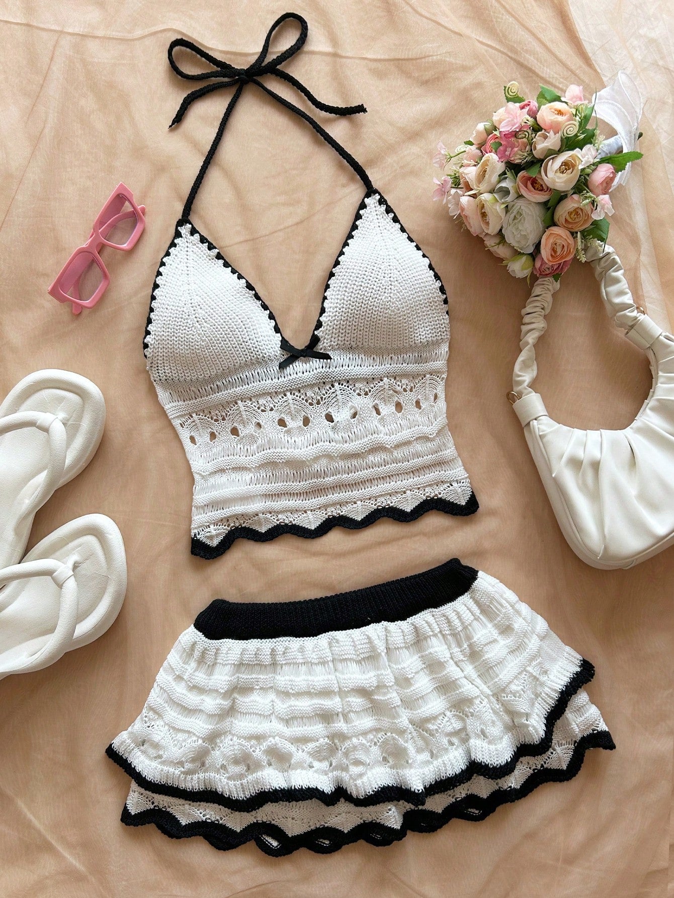 Chic Two-Piece Swimsuit Set - Black & White Crochet Design with Bow Detail, Perfect for Beach & Pool, Casual Beachwear|Playful Design|Stretchy Fabric