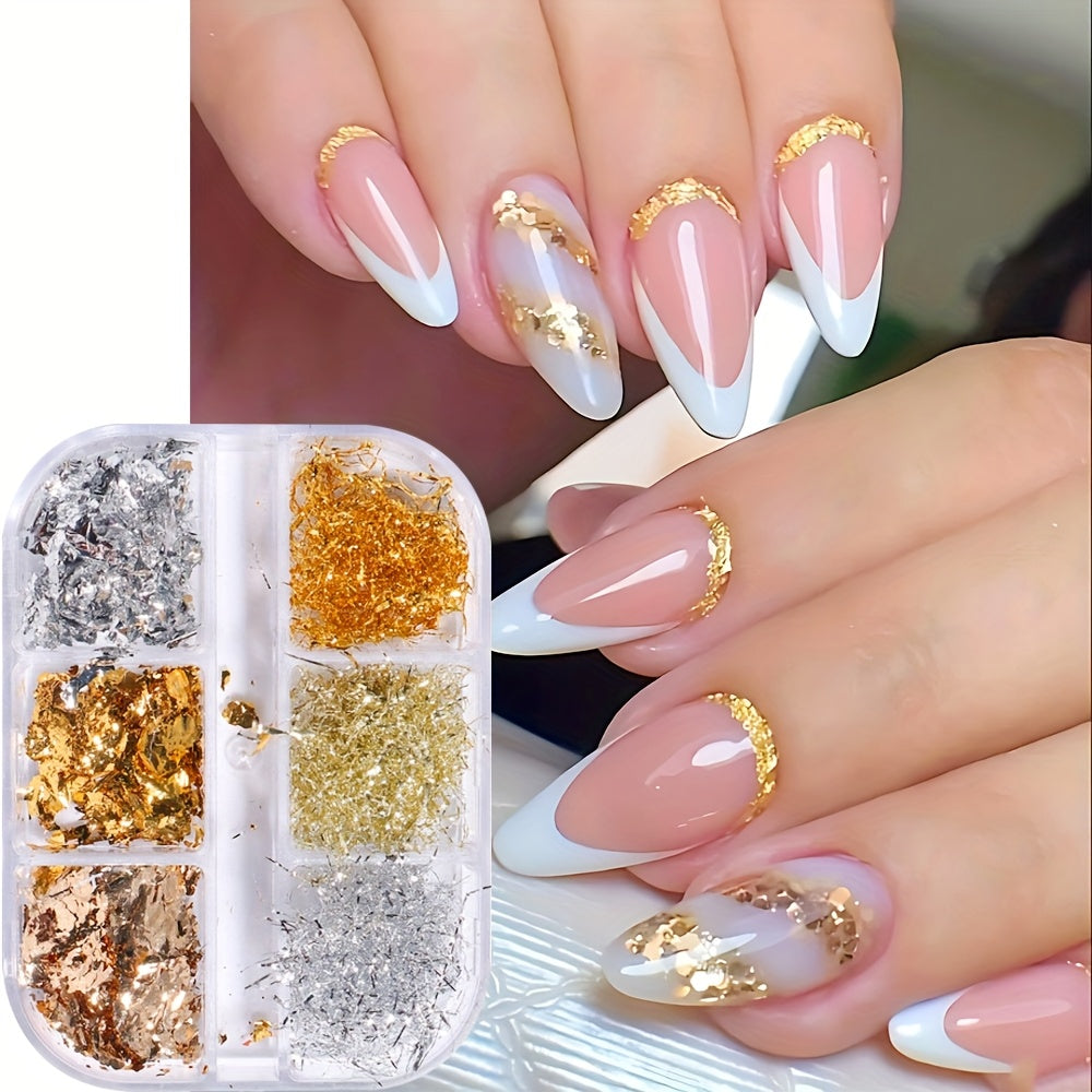 Golden Silvery Nail Foil Chrome Line Nail Glitter Aluminium Sequin Flakes Y2K Metal Powder Nail Charms for Nail Art Decoration