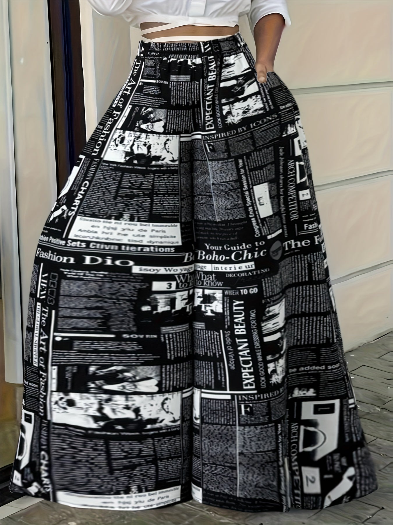 Newspaper Print Wide Leg Pockets Pants, Casual & Versatile High Waist Pants For Spring & Summer, Women's Clothing