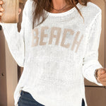 Relaxed Beach-Themed Long Sleeve Knit Sweater for Women - Spring/Autumn Season, Polyester Material, Round Neck, Letter Pattern, Casual Style