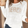 Relaxed Beach-Themed Long Sleeve Knit Sweater for Women - Spring/Autumn Season, Polyester Material, Round Neck, Letter Pattern, Casual Style