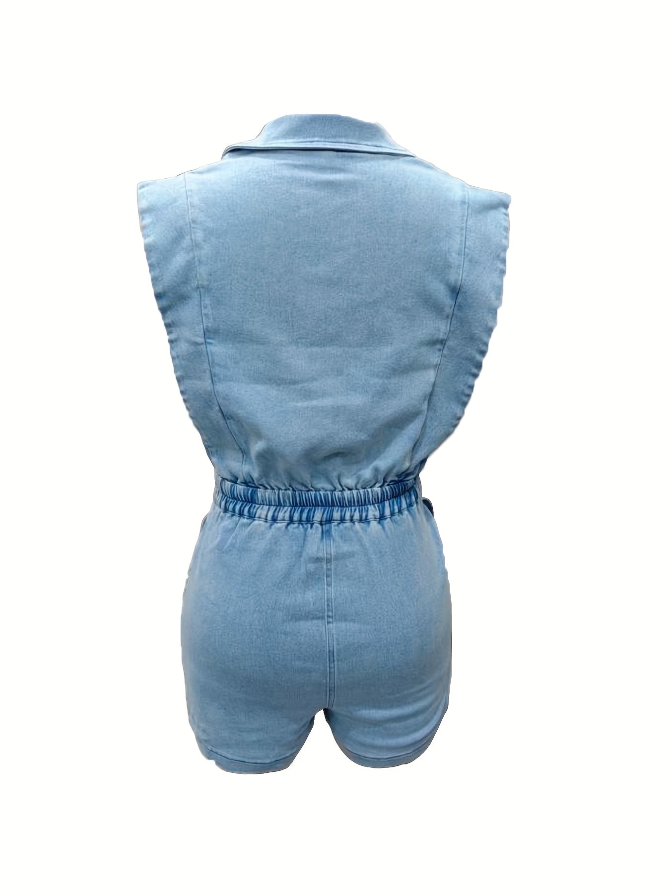 Denim Sleeveless Suit Collar Stretchy Waist Jumpsuit Shorts