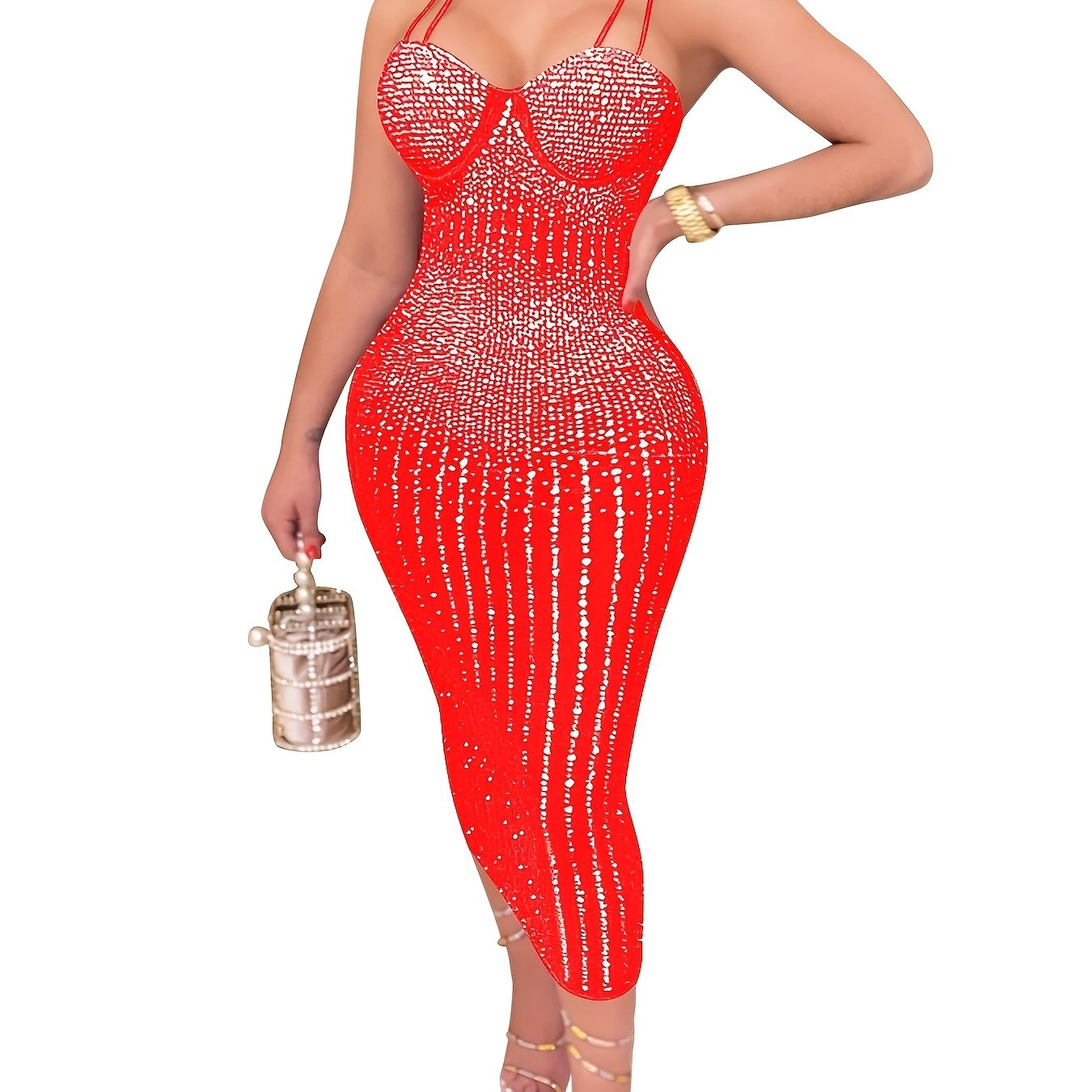 Elegant Off-Shoulder Rhinestone Halter Women'S Bodycon Dress - Sexy Mesh See-Through Long Sleeve Dress for Summer, Party, and Formal Events, Evening Event Attire | Halter Neck Dress | See-Through Mesh Fabric