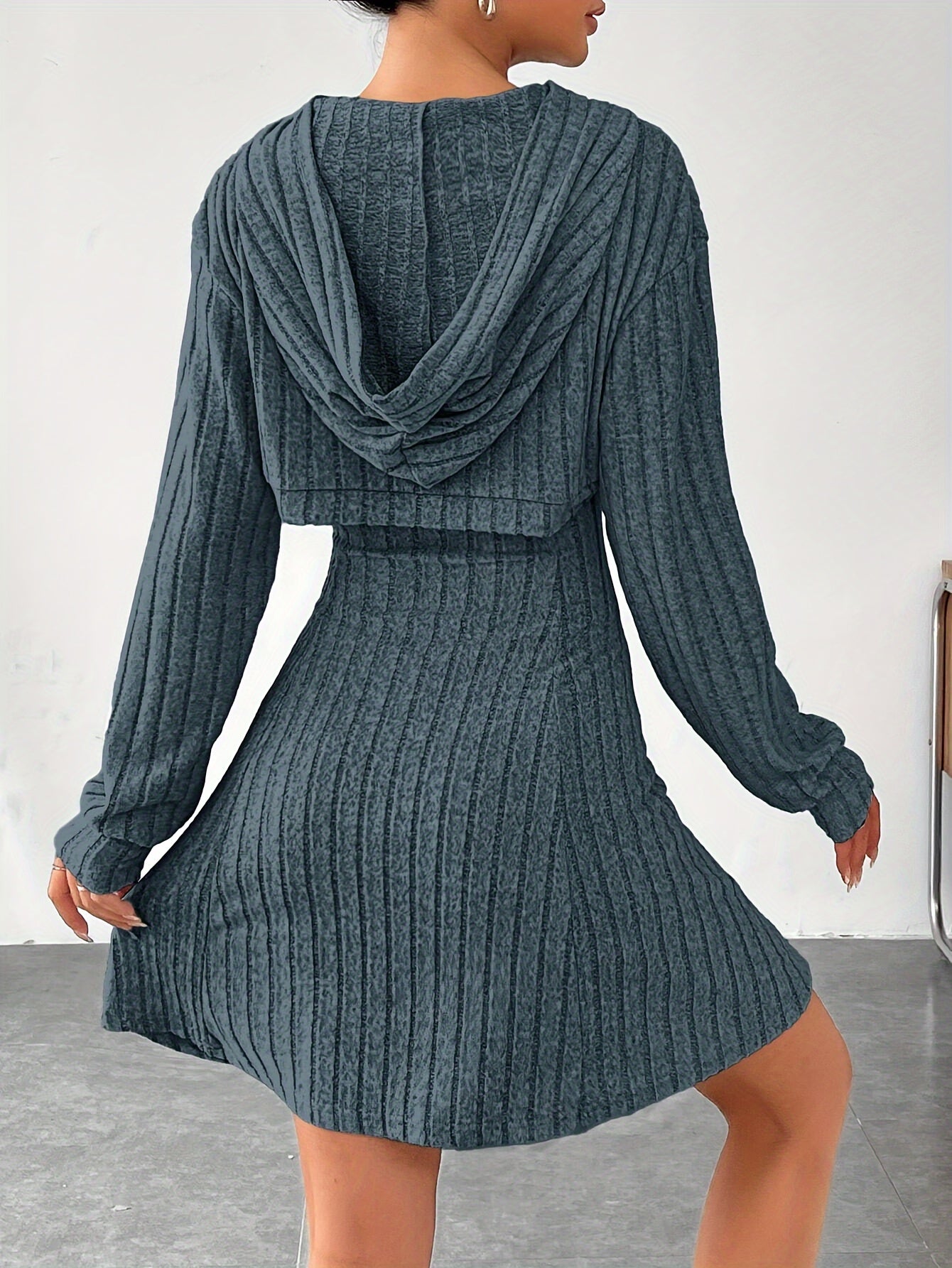 Long Sleeve Solid Color Ribbed Hoodie Shrug Top & Sleeveless Square Neck A-line Tank Dress Set, Women's Clothing Outfits