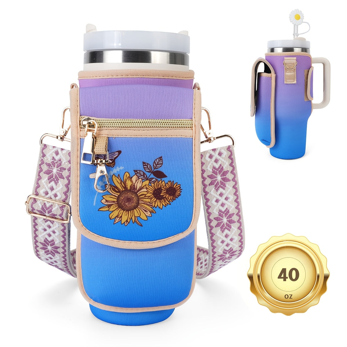 Water Bottle Carrier Bag with Phone Pocket, Tumbler Holder Pouch with Adjustable Shoulder Strap Cup Accessories for Hiking Camping Fishing Travelling (PINK-APRICOT)