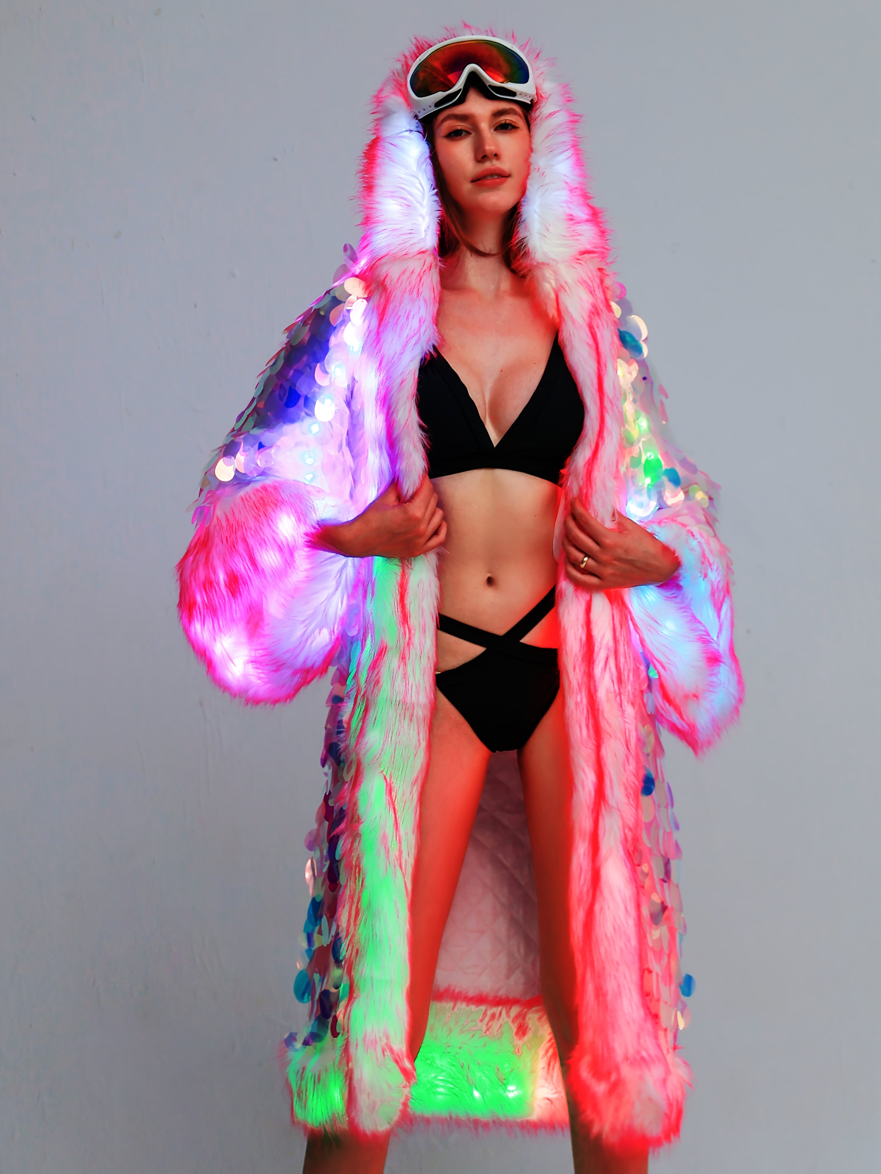Women's LED Sequin Faux Fur Coat - Long Hooded Festival & Cosplay Outfit, USB-Powered, Flare Sleeves, Mermaid Tail Design, Vibrant Pink to Blue Gradient (Batteries Not Included), Cosplay Costume | Sequin Embellished | LED Lit