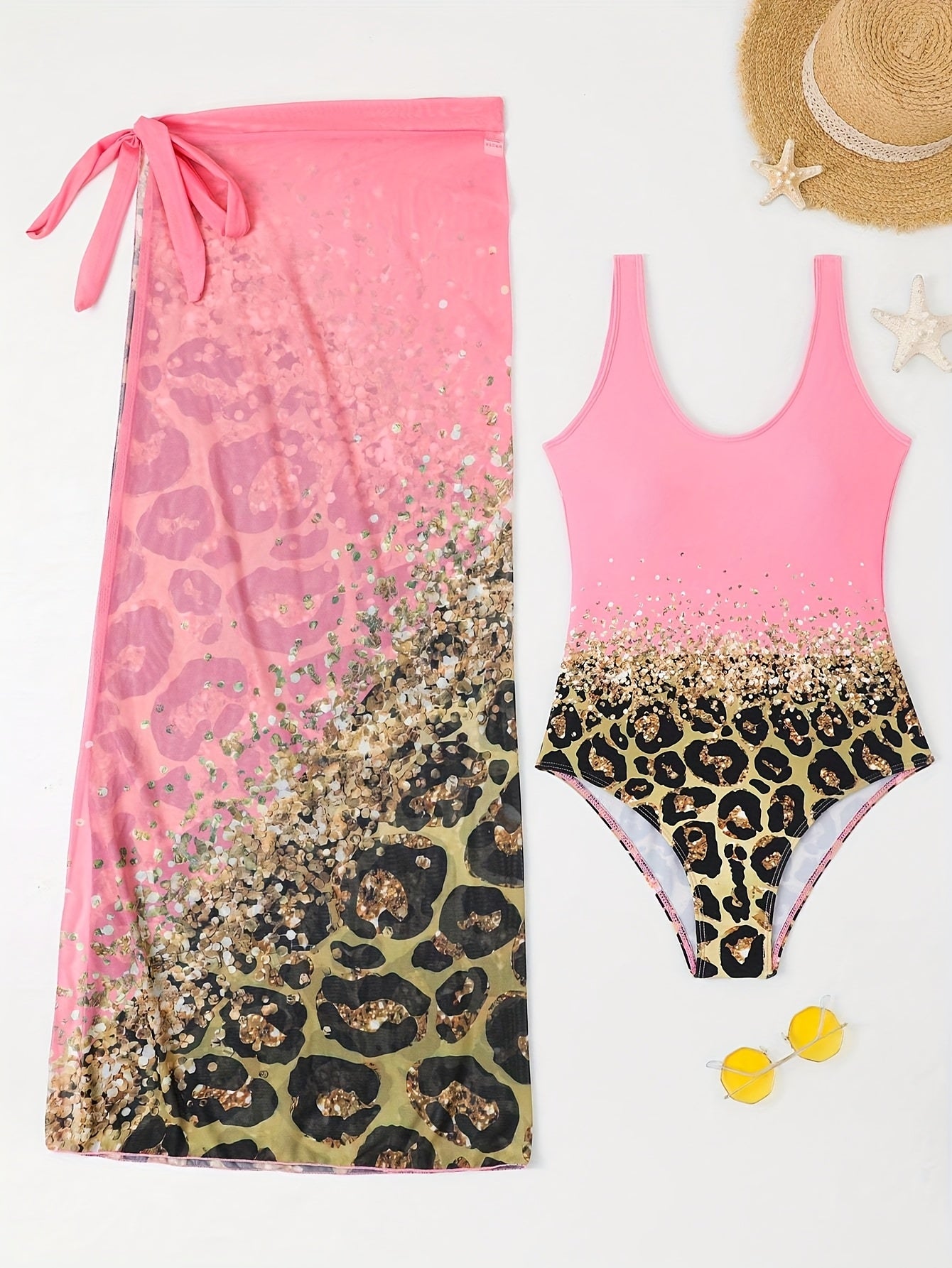 2354 Pink Yarn Women's One-piece Swimsuit with Yarn Wrap Set