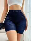 Women's Mid-Thigh Length Navy Blue Faux Denim Shorts - Stretchy, High-Waisted with Slash Pockets, Comfortable Jacquard Pattern Leggings for Casual Attire, Jean Shorts, Stylish Layering | Highwaisted Design | Stretchy Fabric