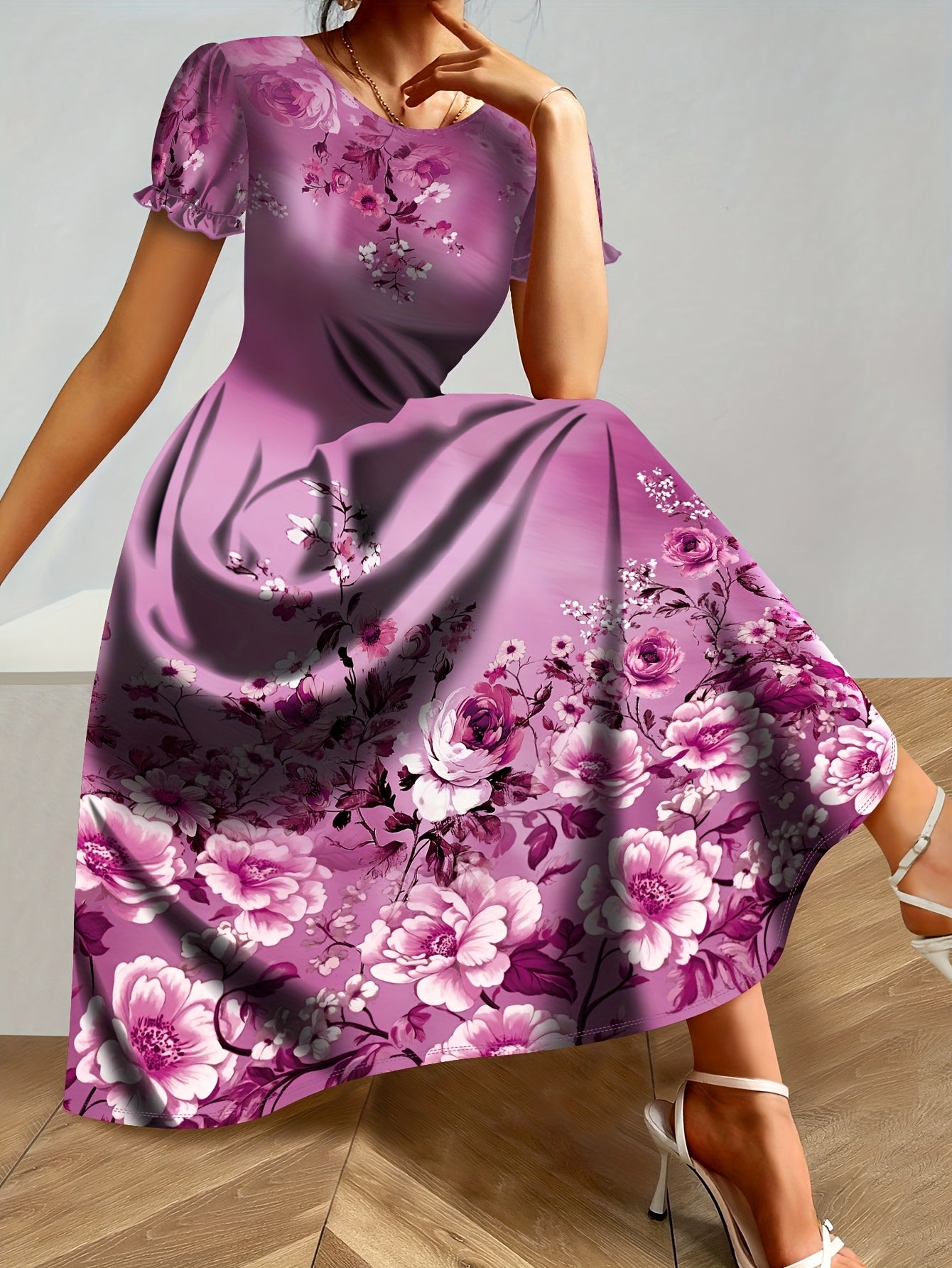 [Tropical Tie-Dye Ombre Maxi Dress] Tropical Tie-Dye Ombre Polyester Knit Women's Elegant Floral Print Maxi Dress - Crew Neck Lantern Short Sleeve, Loose Fit A-Line Long Dress for All Seasons, Machine Washable
