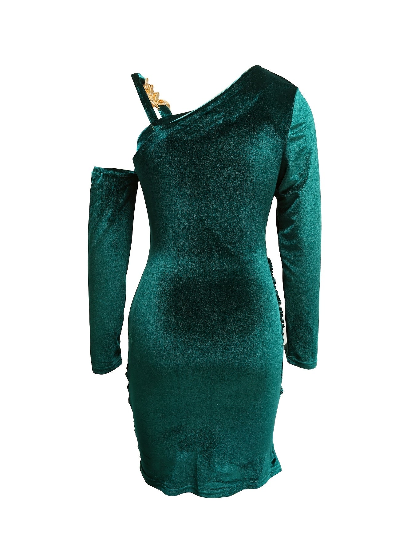 Elegant Off-Shoulder Blue Midi Dress for Women - Chic Chain Detail, Long Sleeves, Ruched Bodycon Fit, Polyester, Machine Washable - Perfect for Evening & Vacation