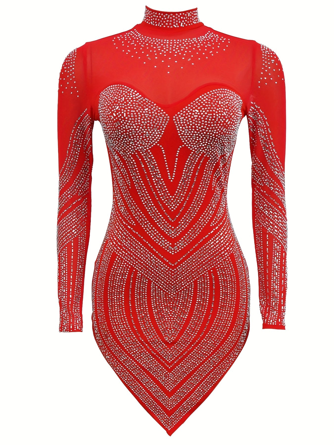 Rhinestone Semi-Sheer Dress, Sexy High Neck Long Sleeve Bodycon Party Dress, Women's Clothing