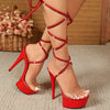 Sexy Red Stiletto High Heels with Crystal Strap Accents - Open Toe, Lace-Up Design, Perfect for Nightclubs, Parties, and Formal Events, Fashionable Footwear|Elegant Heel Design|Synthetic Upper, High Heel Shoes