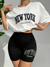 Women's Letter Print Sporty Lounge Set - Short Sleeve, Round Neck, Loose Fit Top & Skinny Shorts, Comfortable Relaxed Fit - For Women - Perfect for Casual Wear & Lounging - Ideal Gift for Her