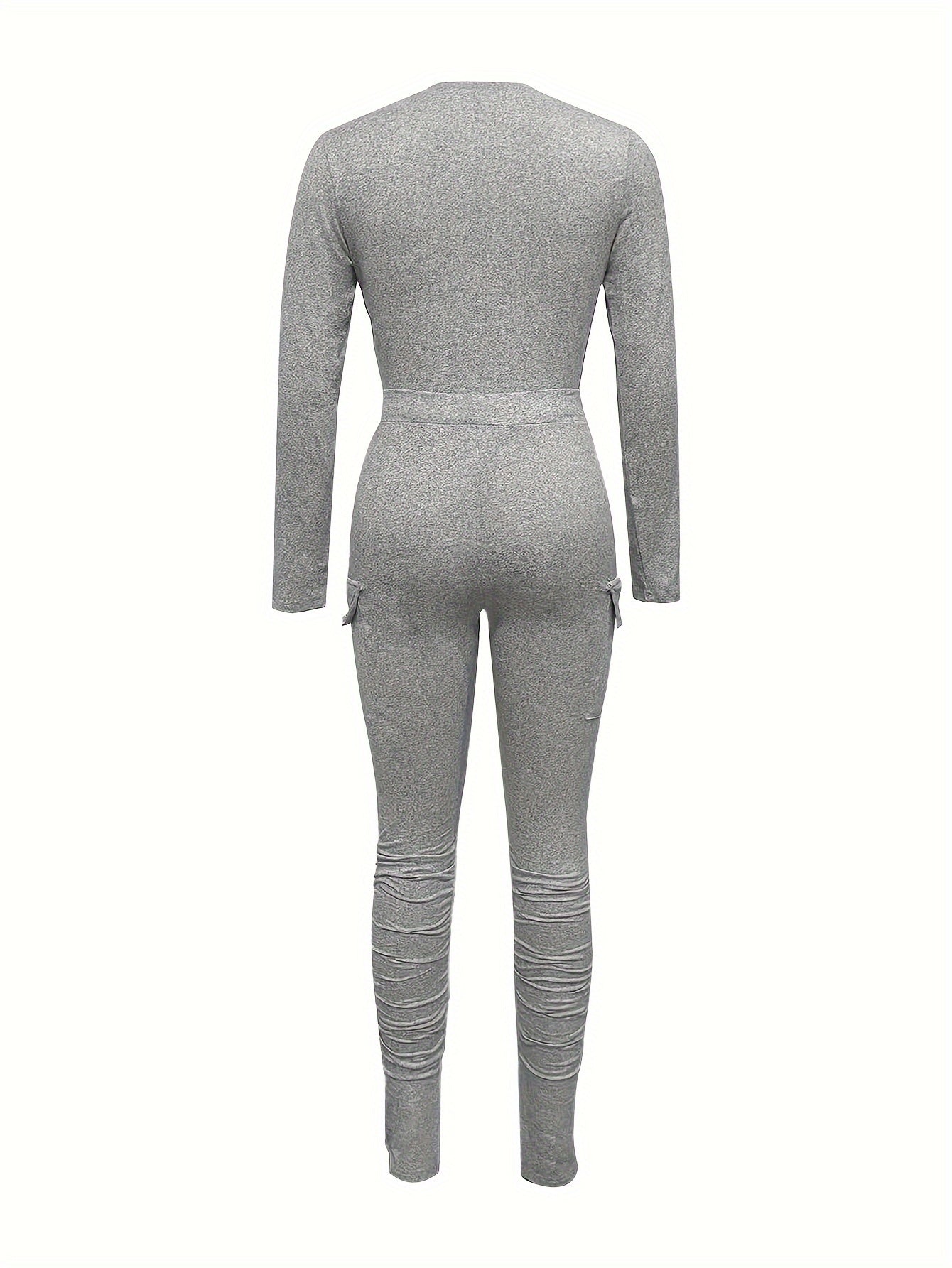 Casual Solid Color Two-piece, Crew Neck Long Sleeve T-shirt & Skinny Pants Outfits, Women's Clothing