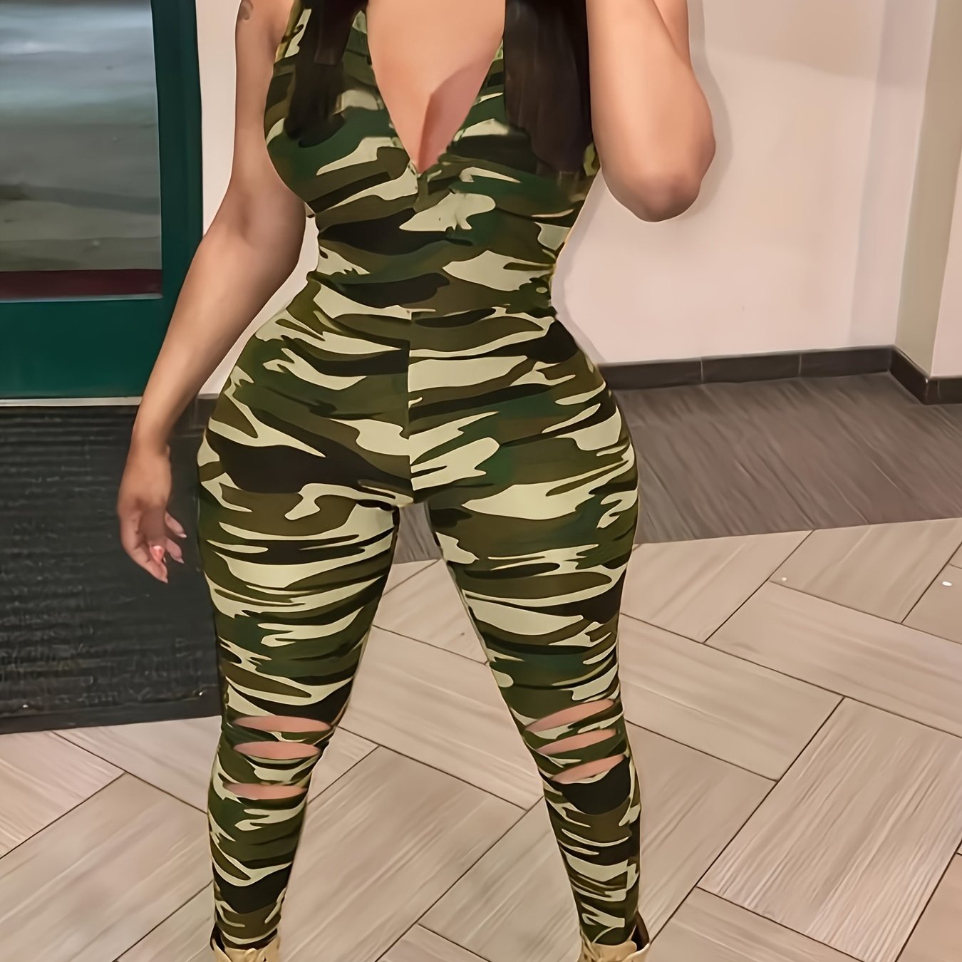 Geometric Color-Blocking Casual Fashion Women'S V-Neck Sexy Jumpsuit