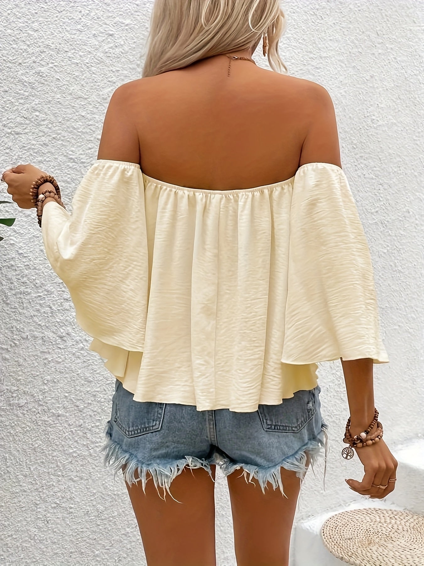 Elegant Off-Shoulder Women’s Blouse - White, Ruffled Bell Sleeves, Cinched Waist, Non-Sheer Polyester, Summer Chic Top for Adults, Ladies Blouses