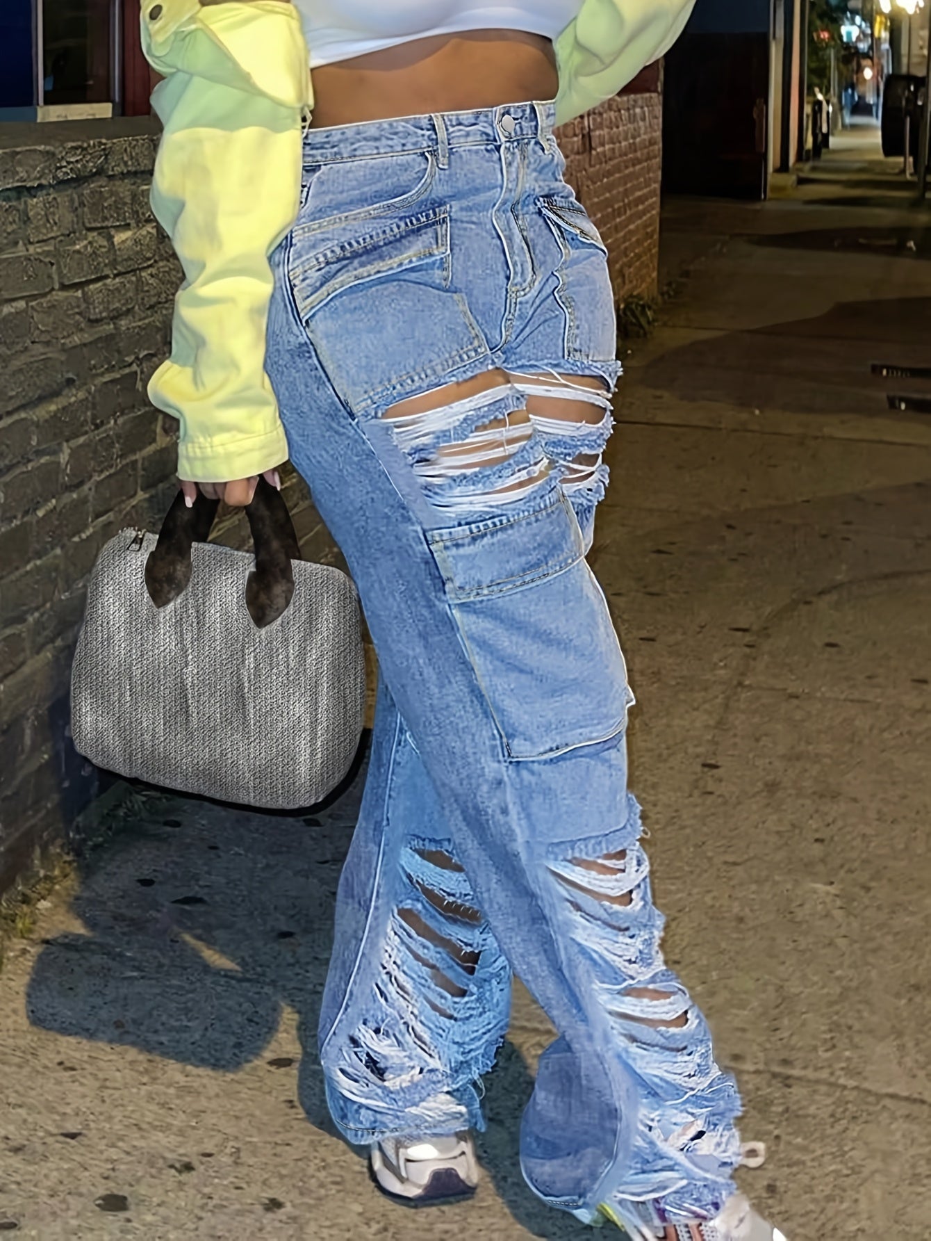 Women's Low Waist Straight Leg Jeans - Ripped Details, Light Blue Denim with Slight Stretch, Party & Night Out | Machine Wash, No Dry Clean | Comfortable Fit