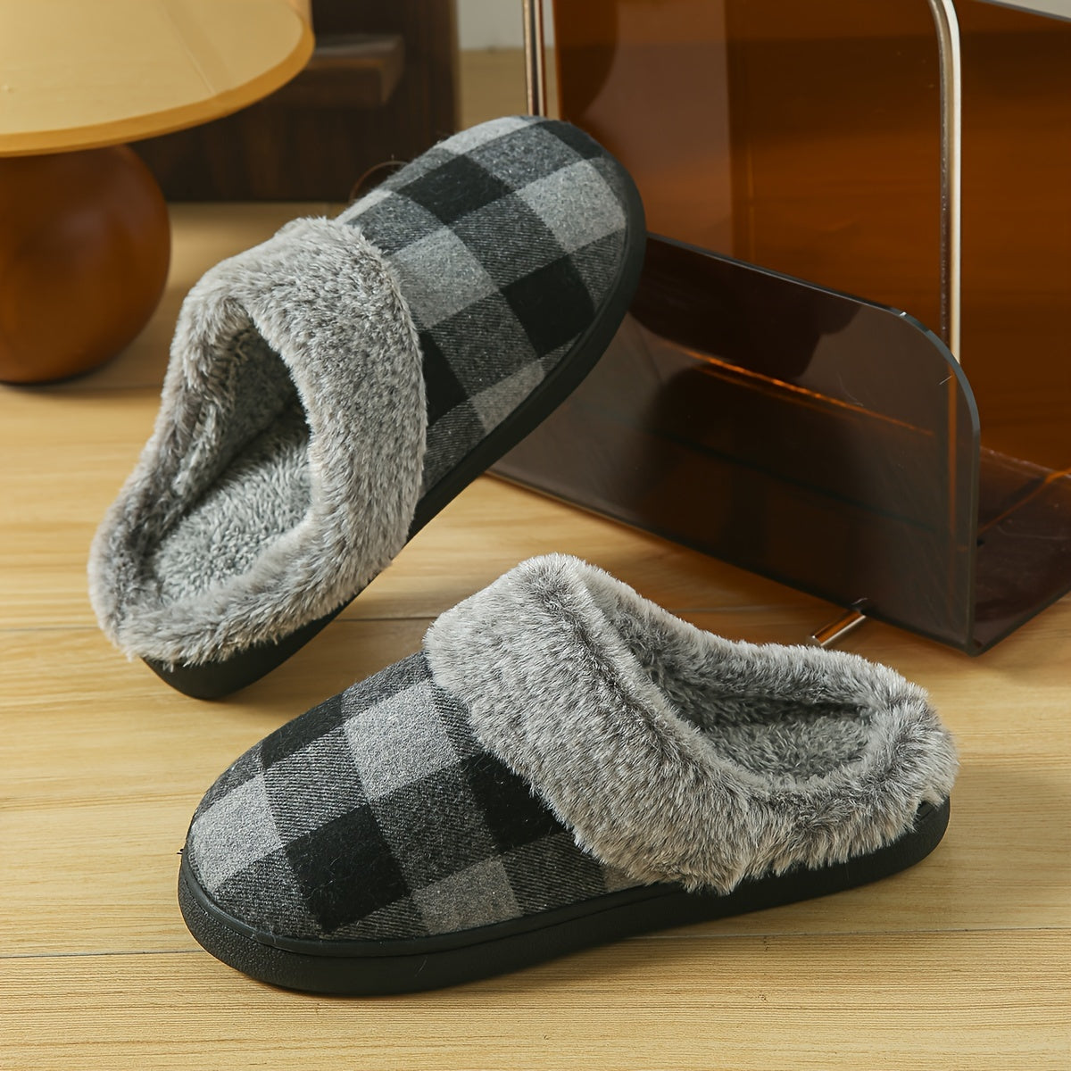 Cozy Plaid Fuzzy Slippers for Women - Thick, Warm & Non-Slip Indoor/Outdoor Shoes with Soft Fabric Lining