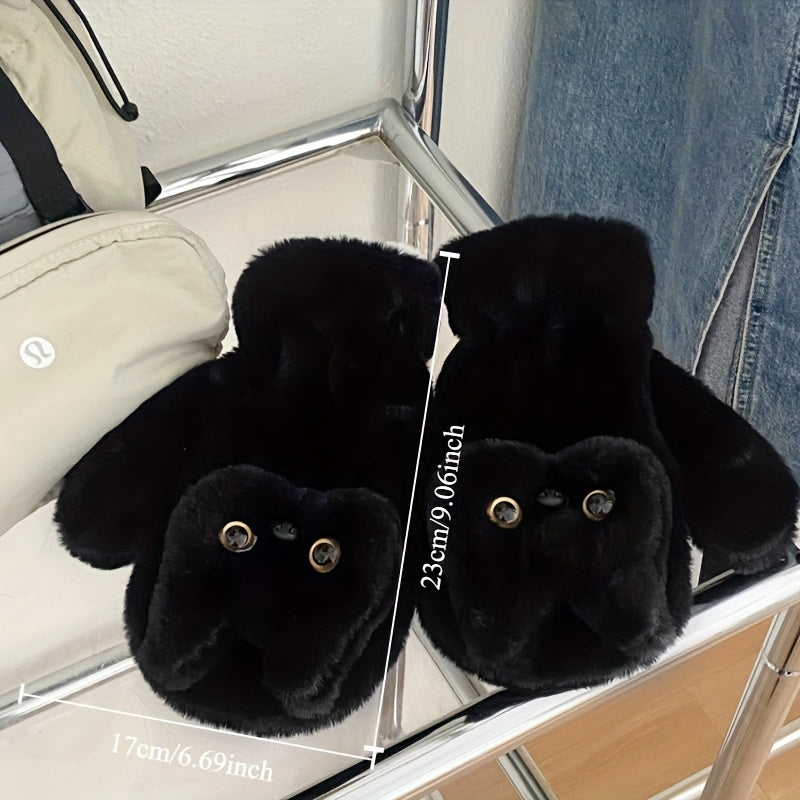 Charming Black Cat Plush Gloves for Women - Cozy & Warm Winter Accessory with Detachable Drawstring, Perfect for Casual Outings and Cycling
