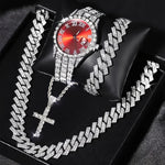 4pcs, Men's Watch Necklace Bracelet Set, Myer Cuban Rhinestone Necklace Bracelet Set, Men's Watch Gift Set