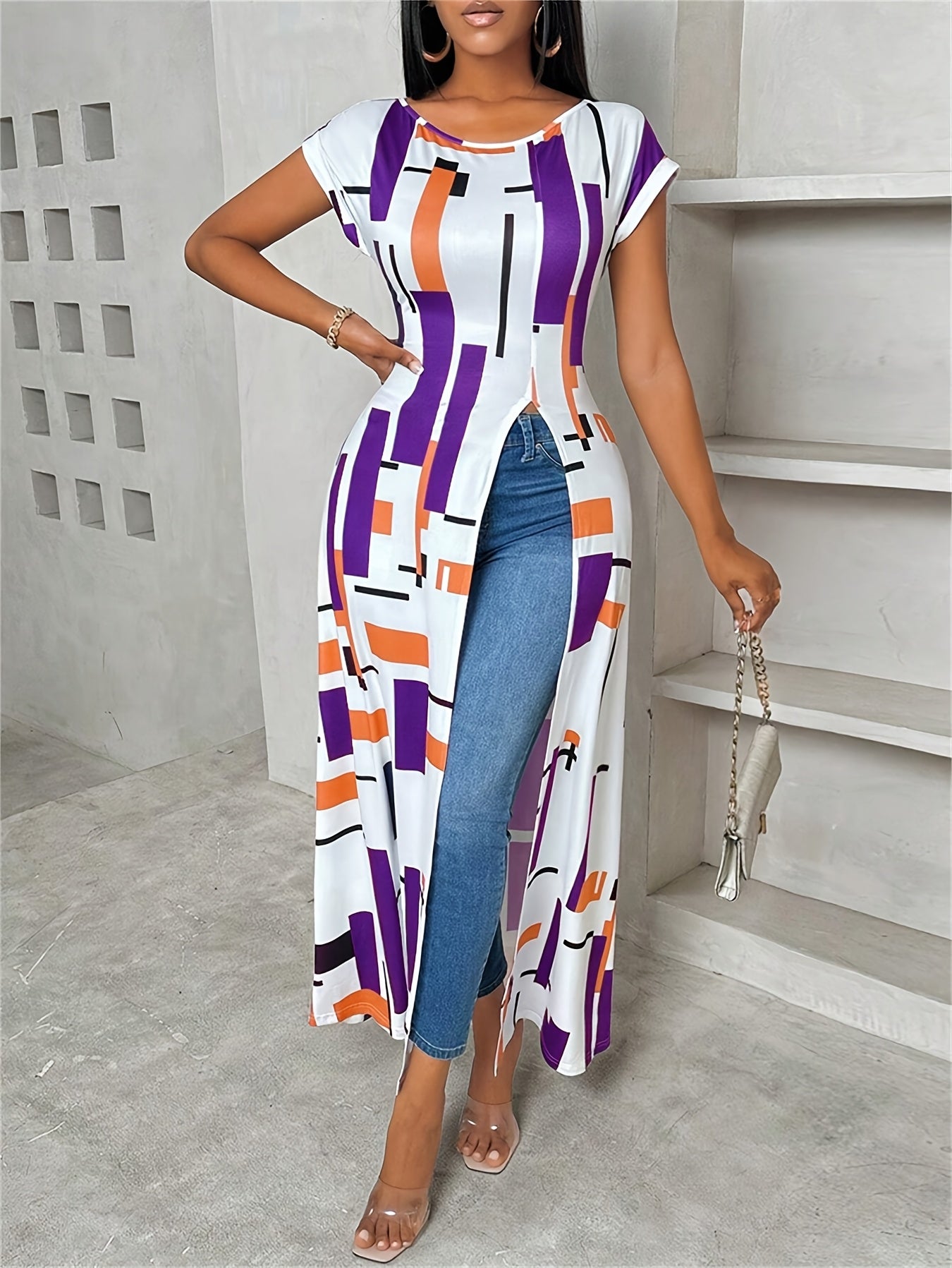 Women'S Geometric Print Round Neck Short Sleeve Casual T-shirt With Side Slit Hem Long Top, Spring/summer Women'S Wear