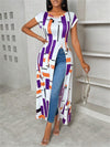 Women'S Geometric Print Round Neck Short Sleeve Casual T-shirt With Side Slit Hem Long Top, Spring/summer Women'S Wear