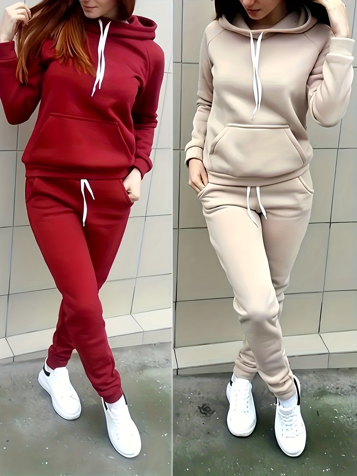 Ladies Fashion Casual 2pcs Red Hoodie, Slim-fit Hoodie, Long Sleeves, With Front Pocket And Adjustable Drawstring Pants, Solid Color Casual Spring/Fall Dress, Los Angeles Style, Gift For Girlfriend
